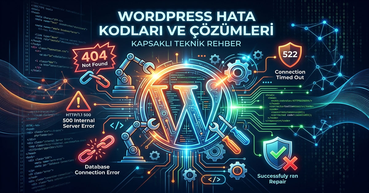 WordPress hata kodları (404, 500, 503) ve çözüm yöntemlerini gösteren infografik teknik rehber.