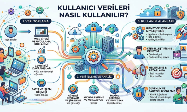 Kullanıcı verileri; kayıt, davranış ve işlem geçmişi toplanır, güvenli analizle işlenir; hizmet geliştirme, kişiselleştirme, pazarlama ve güvenlik için kullanılır.