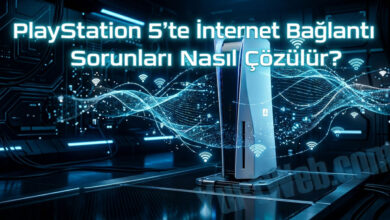 Mavi ışıklı bir ortamda PlayStation 5 konsolu ve dijital ağ simgeleri.
