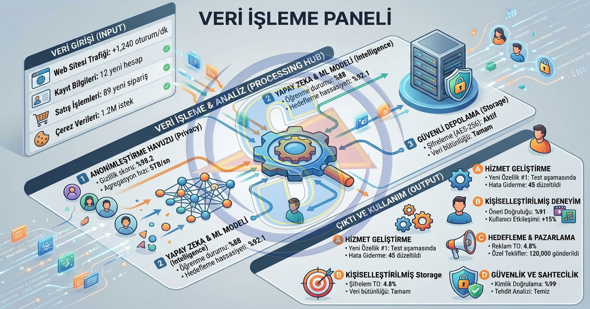 Veri akışı: Girişten anonimleştirme, yapay zeka analizi ve güvenli depolama, ardından kişiselleştirilmiş hizmet ve pazarlamaya kullanımı gösteren panel.