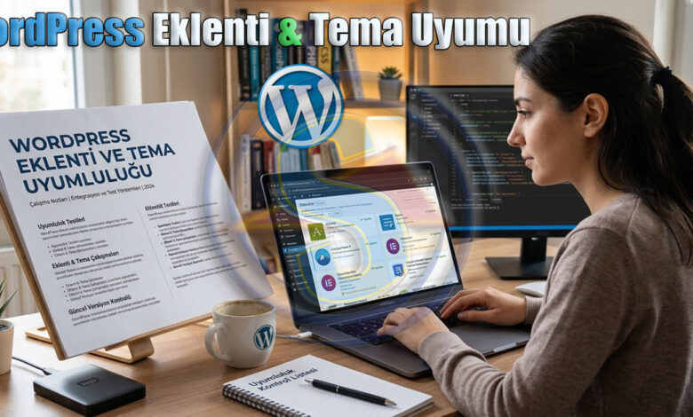 Genç bir kadın, modern bir ofis veya ev ortamında, dizüstü bilgisayarında WordPress eklenti ve tema uyumluluğu üzerine dikkatle çalışıyor. Masanın sol tarafında, 'WORDPRESS EKLENTİ VE TEMA UYUMLULUĞU' başlıklı beyaz bir belge ahşap bir stand üzerinde duruyor. Belgenin yanında küçük bir sukulent bitkisi ve siyah harici bir disk bulunuyor. Kadın, kahverengi bir kazak giymiş, saçları atkuyruğu yapılmış ve dizüstü bilgisayarının klavyesini kullanırken ekrana odaklanmış durumda. Dizüstü bilgisayar ekranında, WordPress eklentilerini veya geliştirme arayüzünü anımsatan renkli bir arayüz görülüyor. Masada ayrıca üzerinde WordPress logosu olan beyaz bir kupa, 'Uyumluluk Kontrol Listesi' başlıklı spiralli bir not defteri ve bir kalem var. Arka planda, kod gösteren bir masaüstü monitörü ve kitaplarla dolu bir raf görünüyor. Görselin üst kısmında büyük, koyu mavi 'WordPress Eklenti & Tema Uyumu' yazısı ve şeffaf bir WordPress logosu yer alıyor. Genel atmosfer profesyonel, odaklanmış ve teknoloji ağırlıklı.