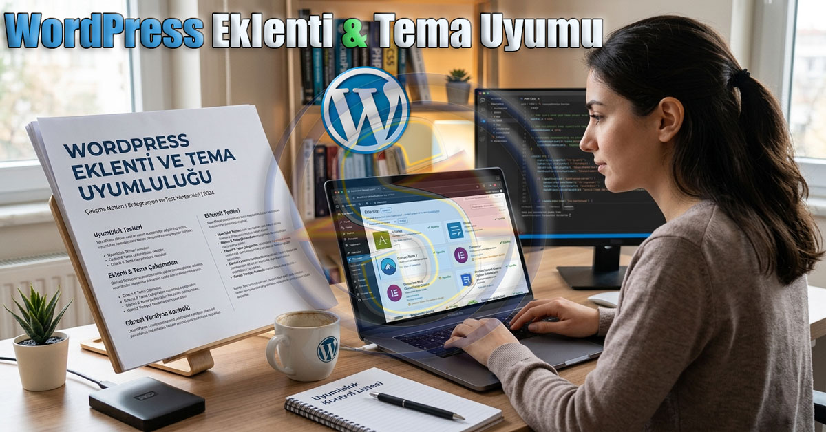 Genç bir kadın, modern bir ofis veya ev ortamında, dizüstü bilgisayarında WordPress eklenti ve tema uyumluluğu üzerine dikkatle çalışıyor. Masanın sol tarafında, 'WORDPRESS EKLENTİ VE TEMA UYUMLULUĞU' başlıklı beyaz bir belge ahşap bir stand üzerinde duruyor. Belgenin yanında küçük bir sukulent bitkisi ve siyah harici bir disk bulunuyor. Kadın, kahverengi bir kazak giymiş, saçları atkuyruğu yapılmış ve dizüstü bilgisayarının klavyesini kullanırken ekrana odaklanmış durumda. Dizüstü bilgisayar ekranında, WordPress eklentilerini veya geliştirme arayüzünü anımsatan renkli bir arayüz görülüyor. Masada ayrıca üzerinde WordPress logosu olan beyaz bir kupa, 'Uyumluluk Kontrol Listesi' başlıklı spiralli bir not defteri ve bir kalem var. Arka planda, kod gösteren bir masaüstü monitörü ve kitaplarla dolu bir raf görünüyor. Görselin üst kısmında büyük, koyu mavi 'WordPress Eklenti & Tema Uyumu' yazısı ve şeffaf bir WordPress logosu yer alıyor. Genel atmosfer profesyonel, odaklanmış ve teknoloji ağırlıklı.