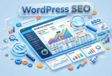 WordPress SEO geliştirme tekniklerini ve yükseliş grafiklerini gösteren illüstrasyon.