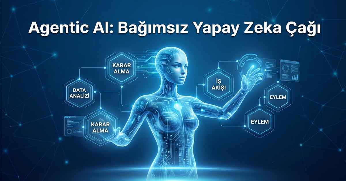 Koyu mavi, dijital bir arka plan üzerinde, etrafında veri analizi, karar alma, iş akışı ve eylem süreçlerini gösteren parlayan altıgen kutularla çevrili, şeffaf, parlayan mavi bir kadın yapay zeka figürü. Figürün vücudunda devreler ve bağlantılar belirgin. Görselin üst kısmında beyaz renkte 'Agentic AI: Bağımsız Yapay Zeka Çağı' başlığı yer alıyor. Görsel, yapay zekanın otonom süreçlerini ve gelecekteki rolünü vurgulayan fütüristik ve teknolojik bir atmosfer sunuyor.