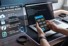 Masaüstünde bir kişinin Android ROM yükleme sürecini gösteren, dizüstü bilgisayar ve akıllı telefon içeren bir görsel. Kişi sağ elinde özel kurtarma (custom recovery) menüsünü gösteren bir akıllı telefon tutuyor. Solda, 'ANDROID ROM NASIL YÜKLENİR?' başlığı altında '1. Verilerinizi Yedekleyin', '2. Bootloader Kilidini Açın', '3. Özel Kurtarmayı Flashlayın' ve '4. Özel ROM Yükleyin' adımlarını gösteren mavi parlayan bir holografik panel bulunuyor. Arka planda dizüstü bilgisayarın ekranında kodlar ve terminal çıktıları görülüyor. Resmin genel atmosferi teknik ve eğitici bir kurulum sürecine odaklanmıştır. Masada ayrıca USB-C kabloları ve bir grafik tablet de bulunmaktadır.