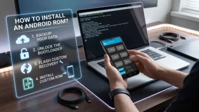 Masaüstünde bir kişinin Android ROM yükleme sürecini gösteren, dizüstü bilgisayar ve akıllı telefon içeren bir görsel. Kişi sağ elinde özel kurtarma (custom recovery) menüsünü gösteren bir akıllı telefon tutuyor. Solda, 'ANDROID ROM NASIL YÜKLENİR?' başlığı altında '1. Verilerinizi Yedekleyin', '2. Bootloader Kilidini Açın', '3. Özel Kurtarmayı Flashlayın' ve '4. Özel ROM Yükleyin' adımlarını gösteren mavi parlayan bir holografik panel bulunuyor. Arka planda dizüstü bilgisayarın ekranında kodlar ve terminal çıktıları görülüyor. Resmin genel atmosferi teknik ve eğitici bir kurulum sürecine odaklanmıştır. Masada ayrıca USB-C kabloları ve bir grafik tablet de bulunmaktadır.