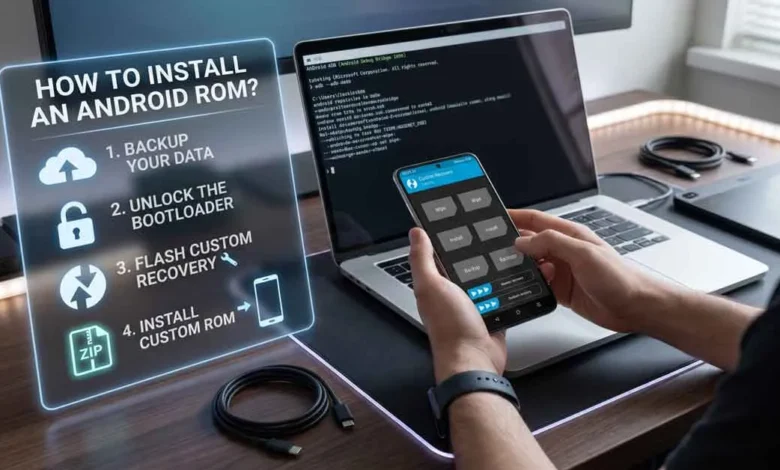 Masaüstünde bir kişinin Android ROM yükleme sürecini gösteren, dizüstü bilgisayar ve akıllı telefon içeren bir görsel. Kişi sağ elinde özel kurtarma (custom recovery) menüsünü gösteren bir akıllı telefon tutuyor. Solda, 'ANDROID ROM NASIL YÜKLENİR?' başlığı altında '1. Verilerinizi Yedekleyin', '2. Bootloader Kilidini Açın', '3. Özel Kurtarmayı Flashlayın' ve '4. Özel ROM Yükleyin' adımlarını gösteren mavi parlayan bir holografik panel bulunuyor. Arka planda dizüstü bilgisayarın ekranında kodlar ve terminal çıktıları görülüyor. Resmin genel atmosferi teknik ve eğitici bir kurulum sürecine odaklanmıştır. Masada ayrıca USB-C kabloları ve bir grafik tablet de bulunmaktadır.