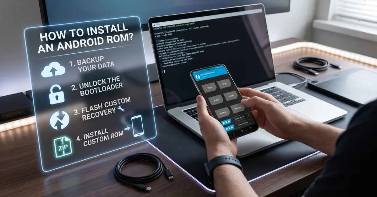 Masaüstünde bir kişinin Android ROM yükleme sürecini gösteren, dizüstü bilgisayar ve akıllı telefon içeren bir görsel. Kişi sağ elinde özel kurtarma (custom recovery) menüsünü gösteren bir akıllı telefon tutuyor. Solda, 'ANDROID ROM NASIL YÜKLENİR?' başlığı altında '1. Verilerinizi Yedekleyin', '2. Bootloader Kilidini Açın', '3. Özel Kurtarmayı Flashlayın' ve '4. Özel ROM Yükleyin' adımlarını gösteren mavi parlayan bir holografik panel bulunuyor. Arka planda dizüstü bilgisayarın ekranında kodlar ve terminal çıktıları görülüyor. Resmin genel atmosferi teknik ve eğitici bir kurulum sürecine odaklanmıştır. Masada ayrıca USB-C kabloları ve bir grafik tablet de bulunmaktadır.