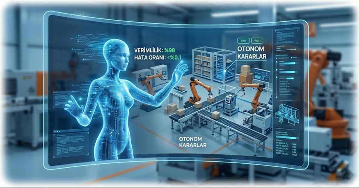 Mavi ışıkla parlayan, holografik bir kadın figürünün önünde, endüstriyel bir fabrika ortamını gösteren kavisli, şeffaf bir dijital ekran. Ekranda, konveyör bantlar üzerinde paketleri taşıyan robotik kollar ve arka planda raflar görülüyor. Ayrıca ekranda '%98 Verimlilik', '<%0.1 Hata Oranı' ve 'Otonom Kararlar' gibi Türkçe metinler ve devre şemaları yer alıyor. Görüntü, yapay zeka ve otomasyonun modern üretimdeki rolünü vurgulayan fütüristik ve teknolojik bir atmosfer sunuyor.