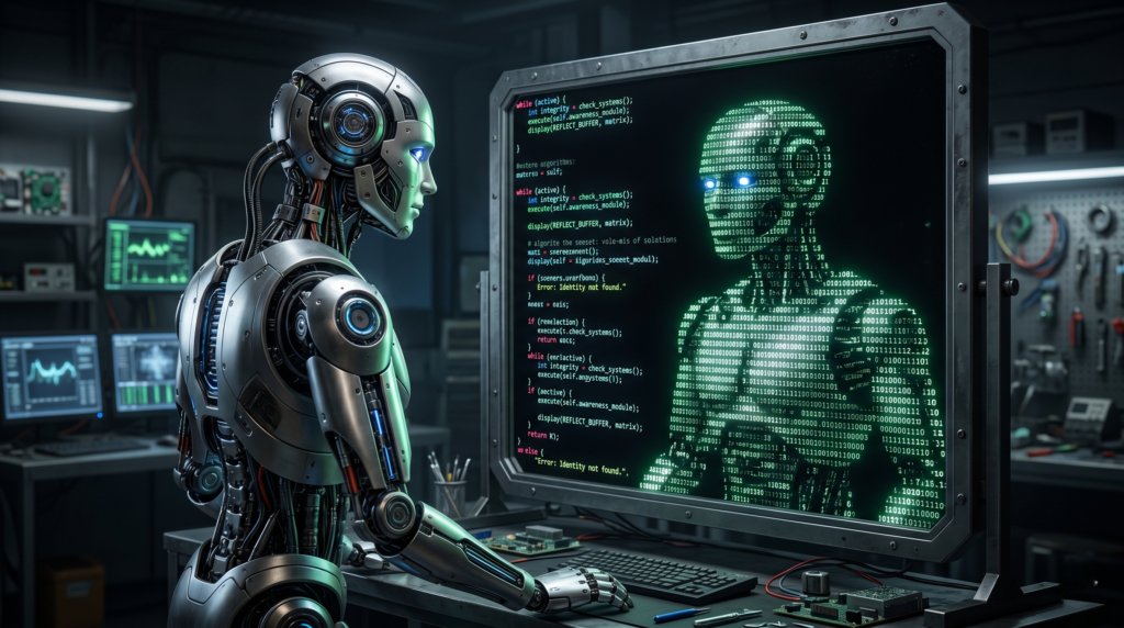 Loş bir teknoloji laboratuvarında, parlak mavi gözleri olan gümüş renkli, insansı bir robot masa başında oturmuş, büyük bir monitöre dikkatle bakıyor. Monitörde, sol tarafta yeşil renkli programlama kodları, sağ tarafta ise ikili kodlardan oluşmuş soyut, parıldayan bir insan başı silüeti görünüyor. Robotun detaylı metal gövdesi ve karmaşık iç kabloları belirgin. Masanın üzerinde klavye, elektronik devre kartları ve çeşitli aletler bulunuyor. Arka planda dalga formları gösteren başka ekranlar ve raf sistemleri seçiliyor. Görüntü, ileri teknoloji ve yapay zeka odaklı, fütüristik bir çalışma ortamını yansıtıyor.